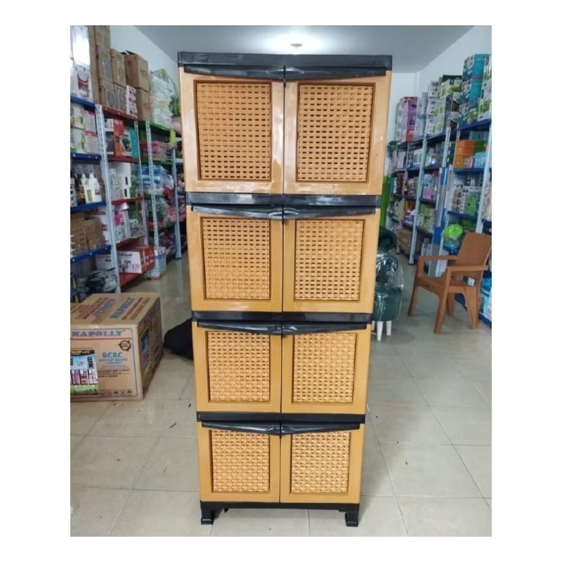Lemari Pakaian Baju Plastik 4 Susun 8 Pintu Napolly Motif Anyaman Rotan