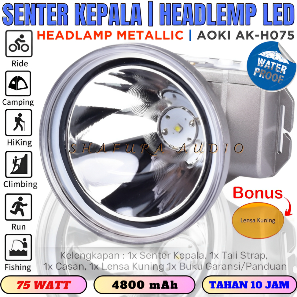 Headlamp / Senter Kepala Led 75w | Senter Kepala Anti Air Jarak Jauh 1000 Meter Aoki Ak-H075 75watt 