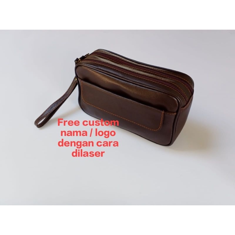 pouch dable slot kulit asli motif kulit jeruk cokelat tua hand bag leather clutch tas tangan pria