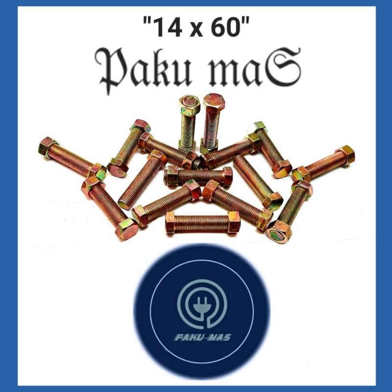 Baut mur M14 x 60 baut ukuran 14 panjang 6 cm drat full