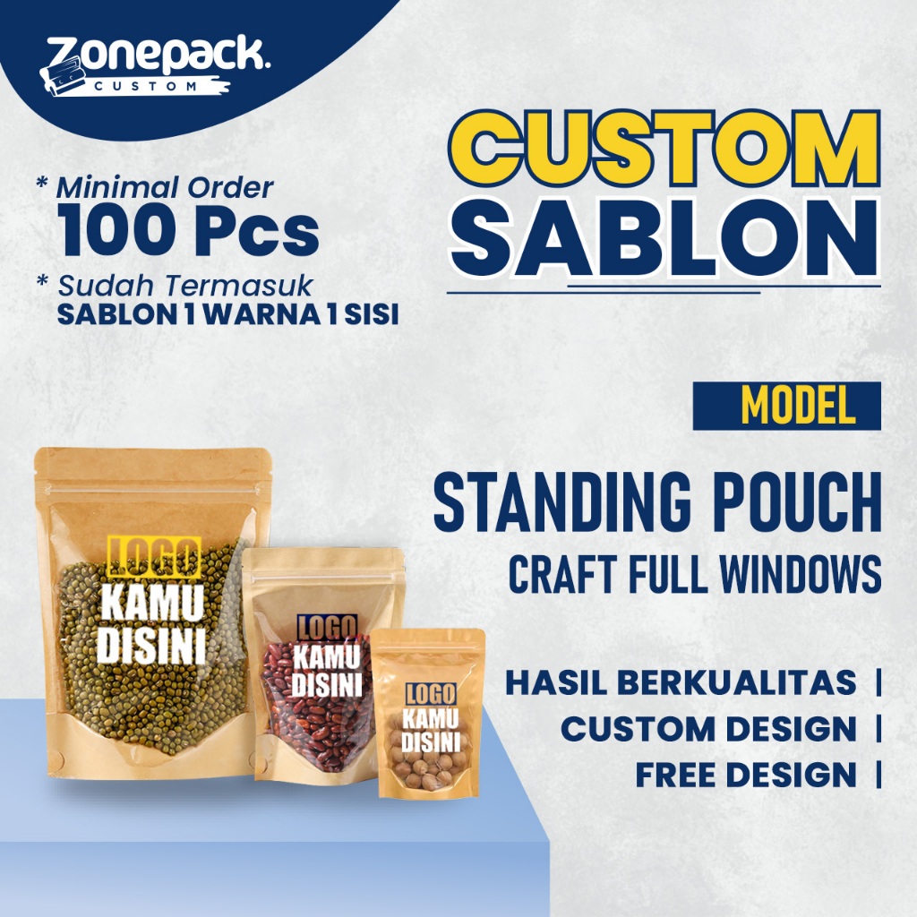 Sablon Standing Pouch Craft Full Clear Windows | Custom / Free Desain Kemasan Paper Ziplock