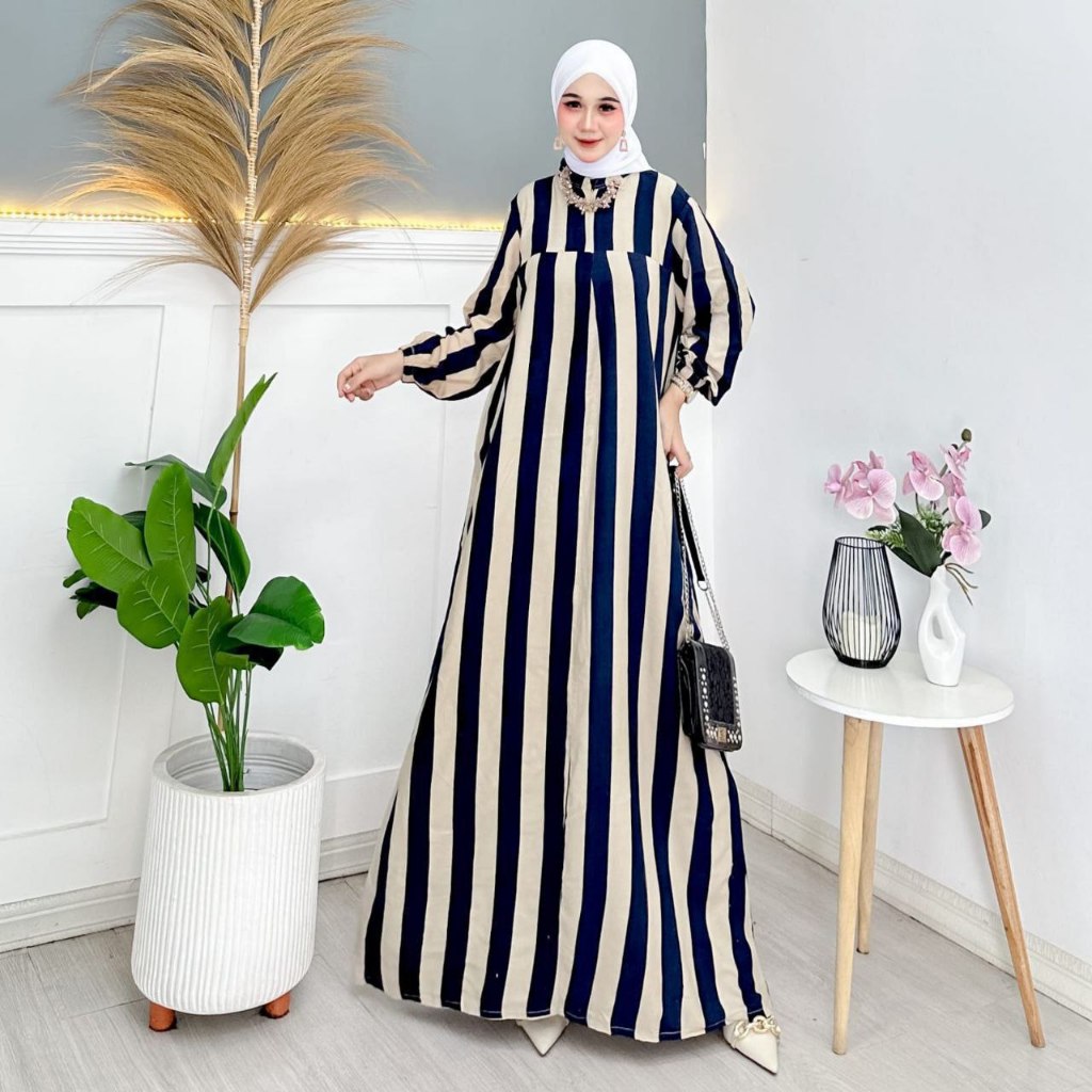 Terbaru Gamis Rayon Halus/Atiya Dress/Lybel Midi Motif Salur