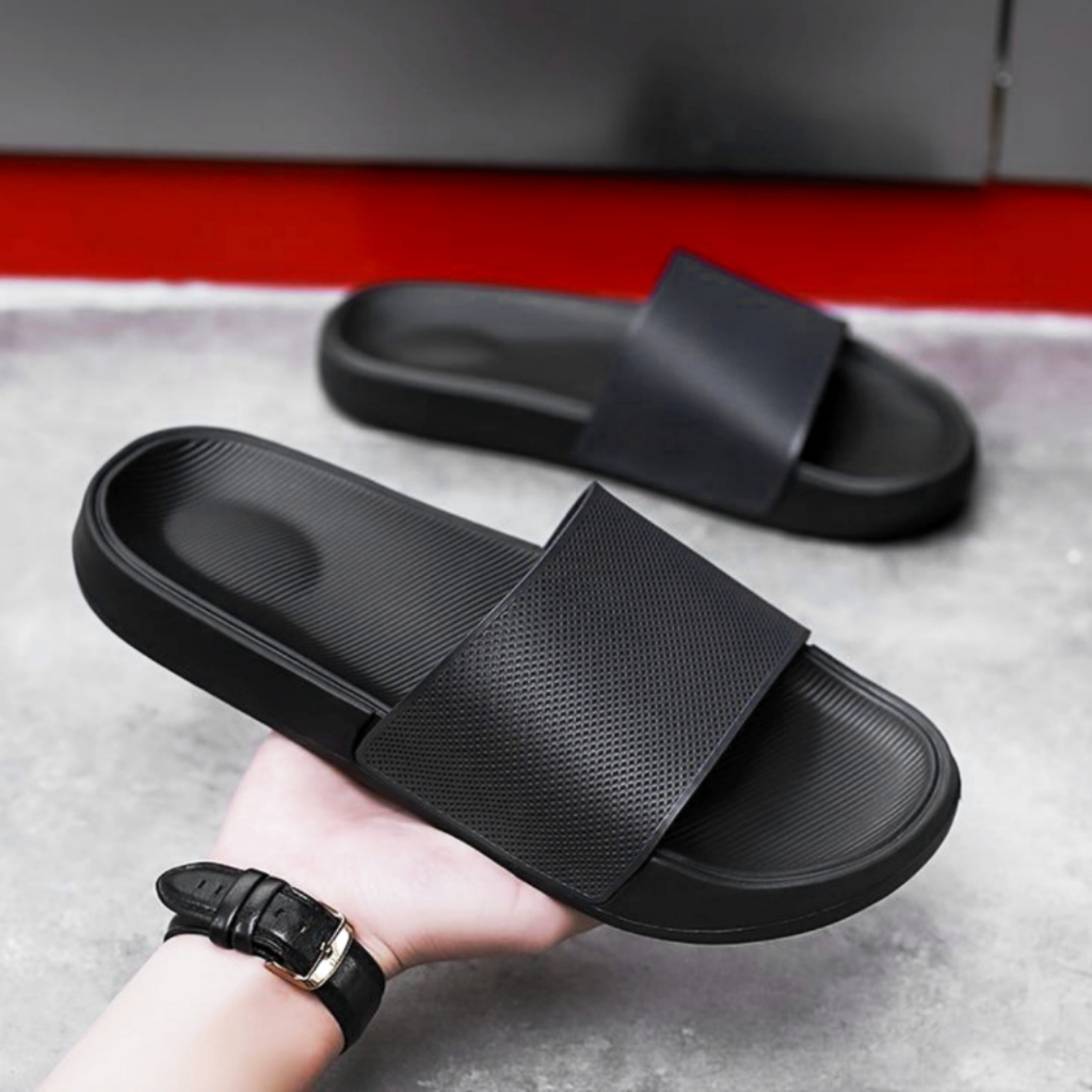 Sandal Slop Pria Wanita Motif Jaring Sandal Slide Polos Hitam Sandal Slop Karet Tanpa Lem Upper Lock