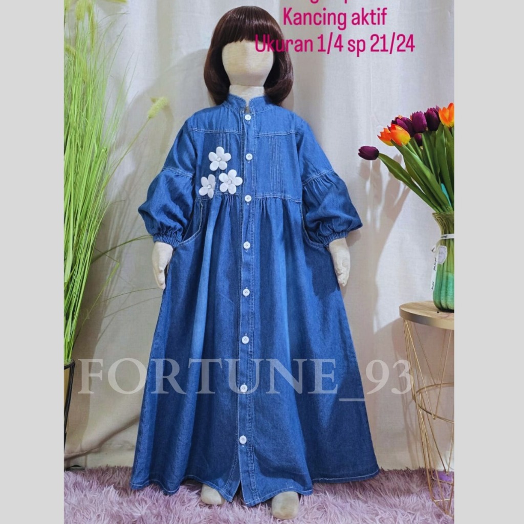 Gamis jeans anak perempuan import full kancing aktif hiasan bunga usia 3 - 10 tahun kombinasi bunga 