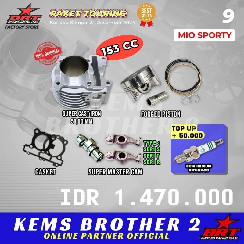 PAKET BORE UP MIO SPORTY BRT PISTON 58 JADI 153 CC PLUS NOKEN AS RRA BUSI BRT ORIGINAL BRT ( blok pi