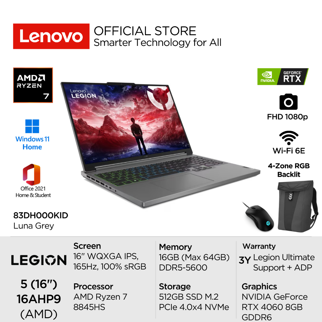Lenovo Legion Slim 5 16AHP9 0KID Ryzen 7 8845HS Win11 16GB 512GB SSD NVIDIA RTX 4060 8GB 16" WQXGA I