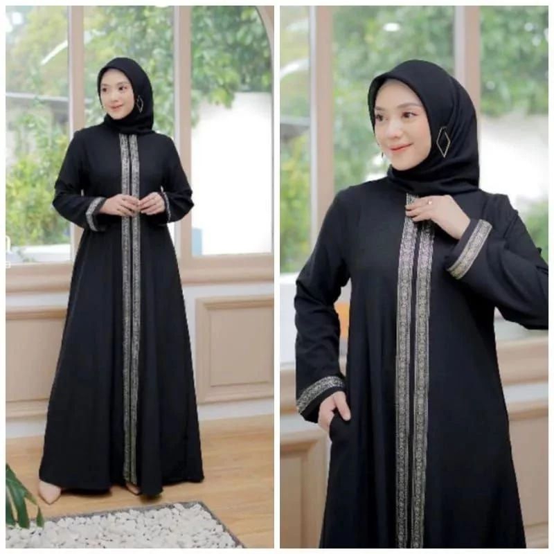 Gamis Hitam dengan Hiasan Emas/Gamis Abaya Turkey Ful renda bordir kekinian/Gamis Turkey hitam Zet b