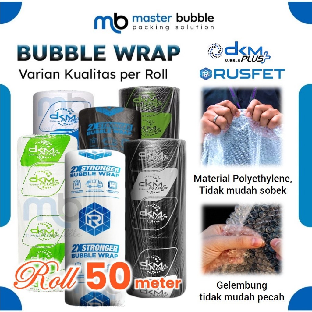 

Plastik Packing Olshop Bubble Wrap DKM RUSFET 125cm x 50meter Roll Warna Putih Bening & Hitam Murah