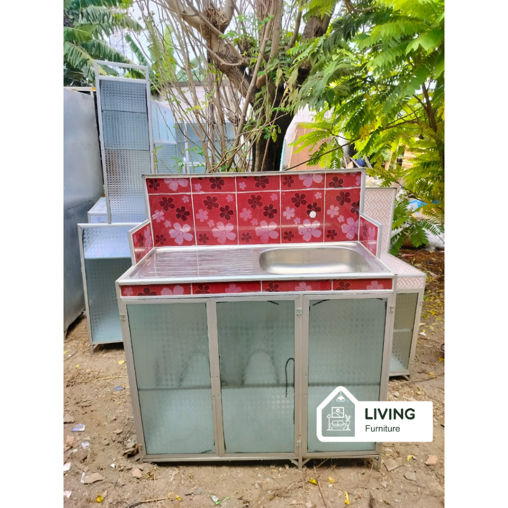 Rak Wastafel Alumunium Kaca / Meja Rak Wastafel / Cuci Piring Keramik Aluminium 3 Pintu Minimalis