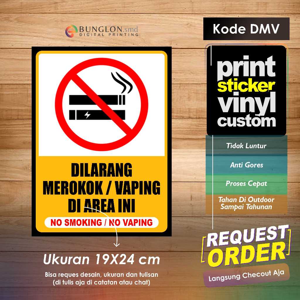 

STIKER DILARANG MEROKOK ATAU VAPING DI AREA INI + LAMINASI KODE DMV KUNING