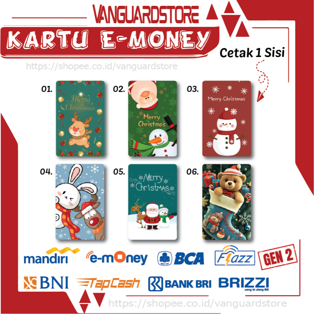 KARTU E MONEY E TOLL KARTUN NATAL MERRY CHRISTMAS KUMPULAN MANDIRI FLAZZ BCA BNI TAPCASH BRIZZI BRI