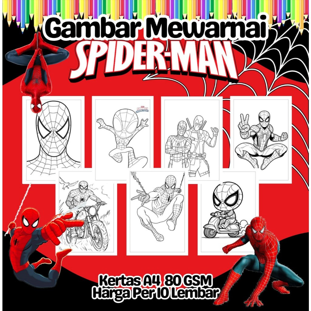 

10 Lembar Kertas A4 Gambar Mewarnai Tema SPIDERMAN Termurah - Anak Anak TK SD PAUD Remaja