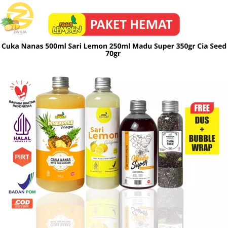 

Paket Detox Diet Imunitas / Paket Cuka Apel Dan Sari Lemon Murni Madu Chia Seeds , Madu Super 4 in 1 - SUUR LEMOEN HGBEKASI