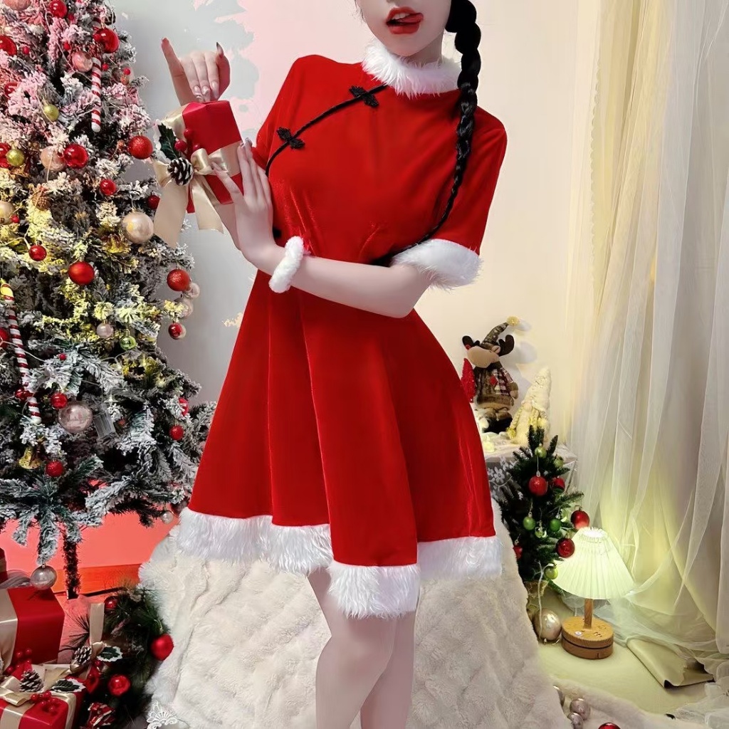 Sexy red erotic Christmas costume, Halloween dance stage costume, cute pure cat role-playing costume