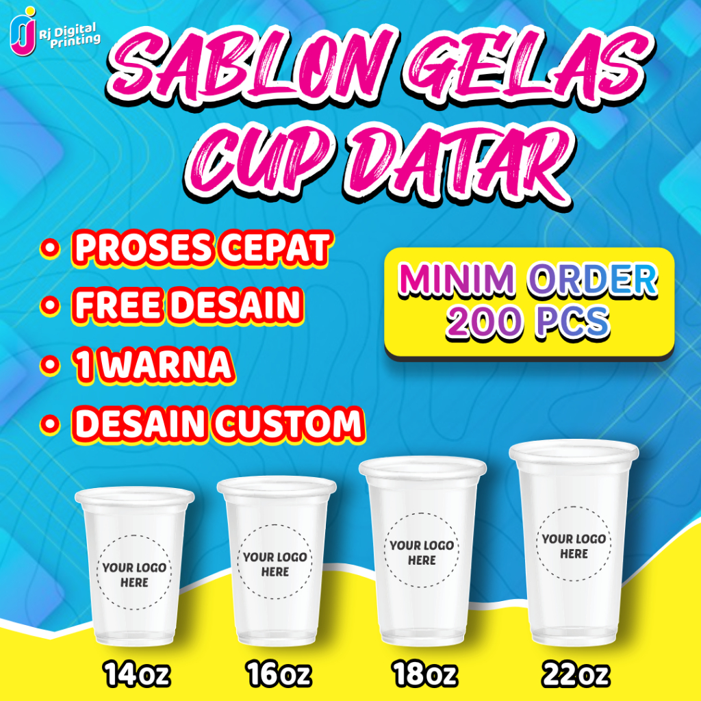 Sablon Gelas Cup Datar Custom 14oz, 16oz, 18oz, dan 22oz Termurah Bahan Tebal
