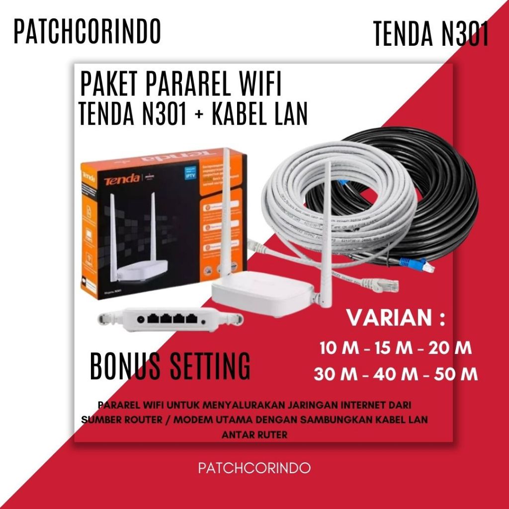 ROUTER TENDA N301 + KABEL LAN OUTDOOR SIAP PAKAI