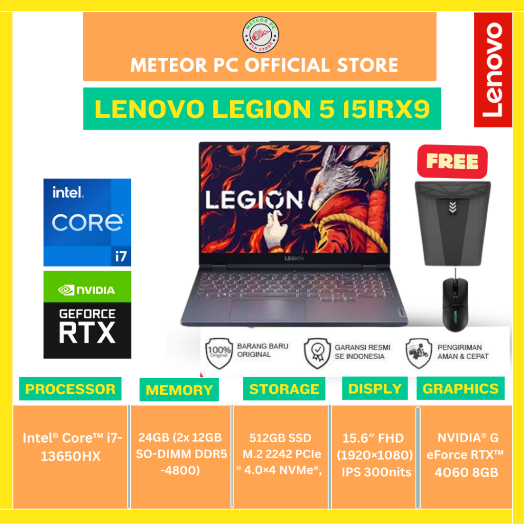 Lenovo Legion 5 15IRX9-83JJ000BID /Core i7-13650HX 15/24GB/512TB SSD/RTX4060 8GB/15.6″ FHD 144Hz/Win