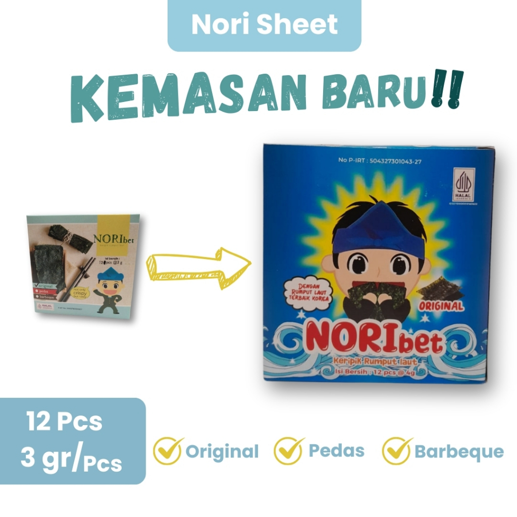 

NORIbet Original/Pedas/Barbeque (1 Dus/Box isi 12 Pcs) - Nori Sheet/Sachet Seaweed Snack Rumput Laut