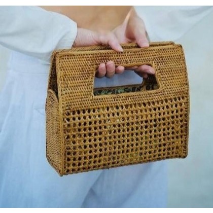 Gaplek Tas tangan rotan jinjing kotak Wanita handbag rattan wicker square lining batik