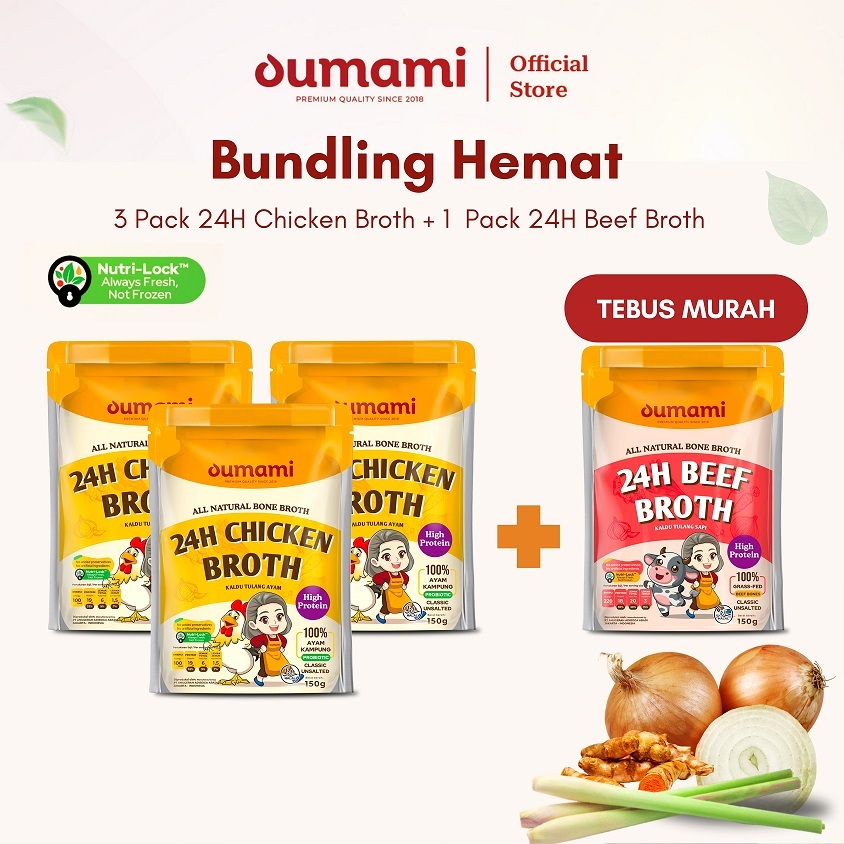 

[TEBUS MURAH] Oumami - Bundling Hemat || 3 Pack 24H Chicken Bone Broth + TEBUS MURAH 1 Pack 24H Beef Bone Broth | BB Booster Immune Booster | MPASI, BumilBusui-Friendly