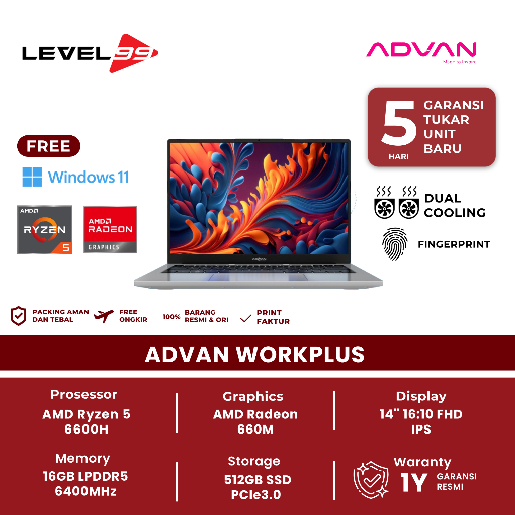 Laptop Advan Workplus Ryzen 5 6600H / 16Gb / 512Ssd / Fhd 14 Inch