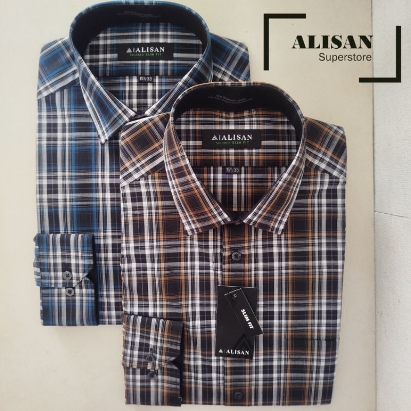 Alisan Kemeja Pria Motif Kotak Kotak Hijau/Coklat Lengan Panjang Slimfit