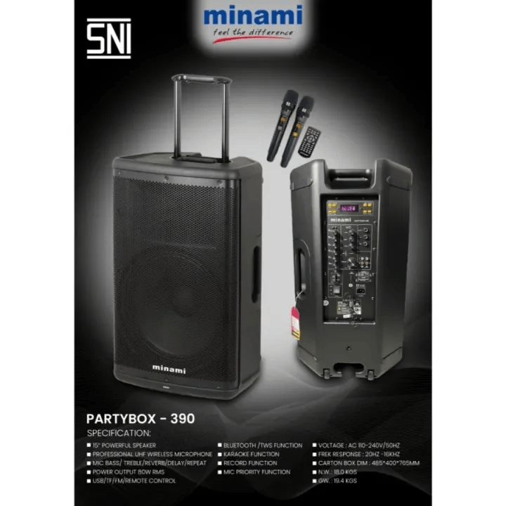 MINAMI PARTYBOX - 390 PB-390 Speaker Portable 15" Inch Speaker Karaoke USB Rechargeable UHF