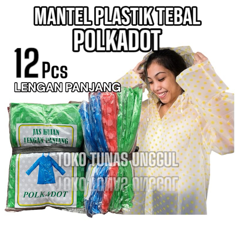 12pcs JAS HUJAN PLASTIK MOTIF POLKADOT/ jas hujan plastik atasan tebal/ jas hujan tebal/ mantel plas