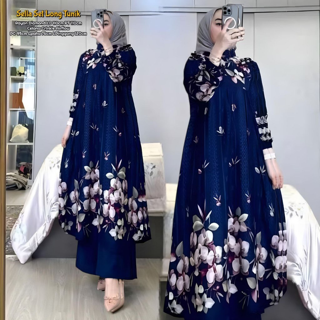 Sela Set Tunik  Setelan Wanita Long Tunik Rayon Diamond Premium One Set Wanita Kekinian Celana Kulot