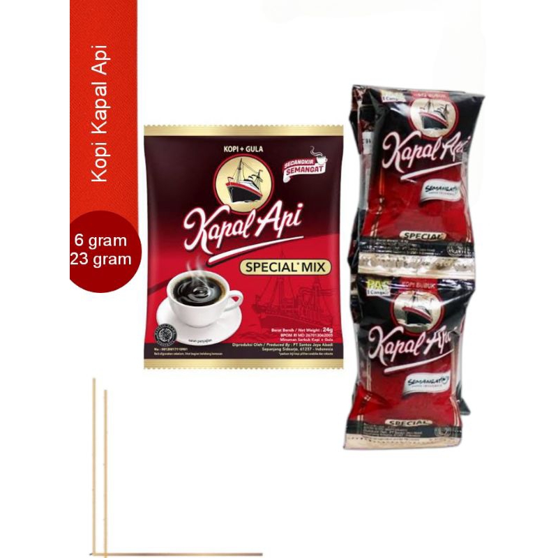 

6 gram | 23 gram Kopi Kapal Api 23 Gram 10 sachet (serenteng) Kopi Kapal Api 6 Gram 10 pcs (serenceng) Kopi Kapal Api Spesial Kopi Kapal Api Special Kopi+ Gula Kopi Bubuk Kapal Api