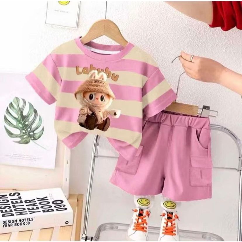 setelan anak celana pendek kaos salur labubu  model import viral terbaru new set last child store we