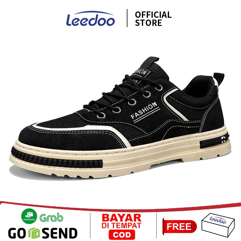 Leedoo Sepatu Sneakers Pria Sepatu Tali Hitam Sepatu Kulit Formal Sepatu Hiking MC486