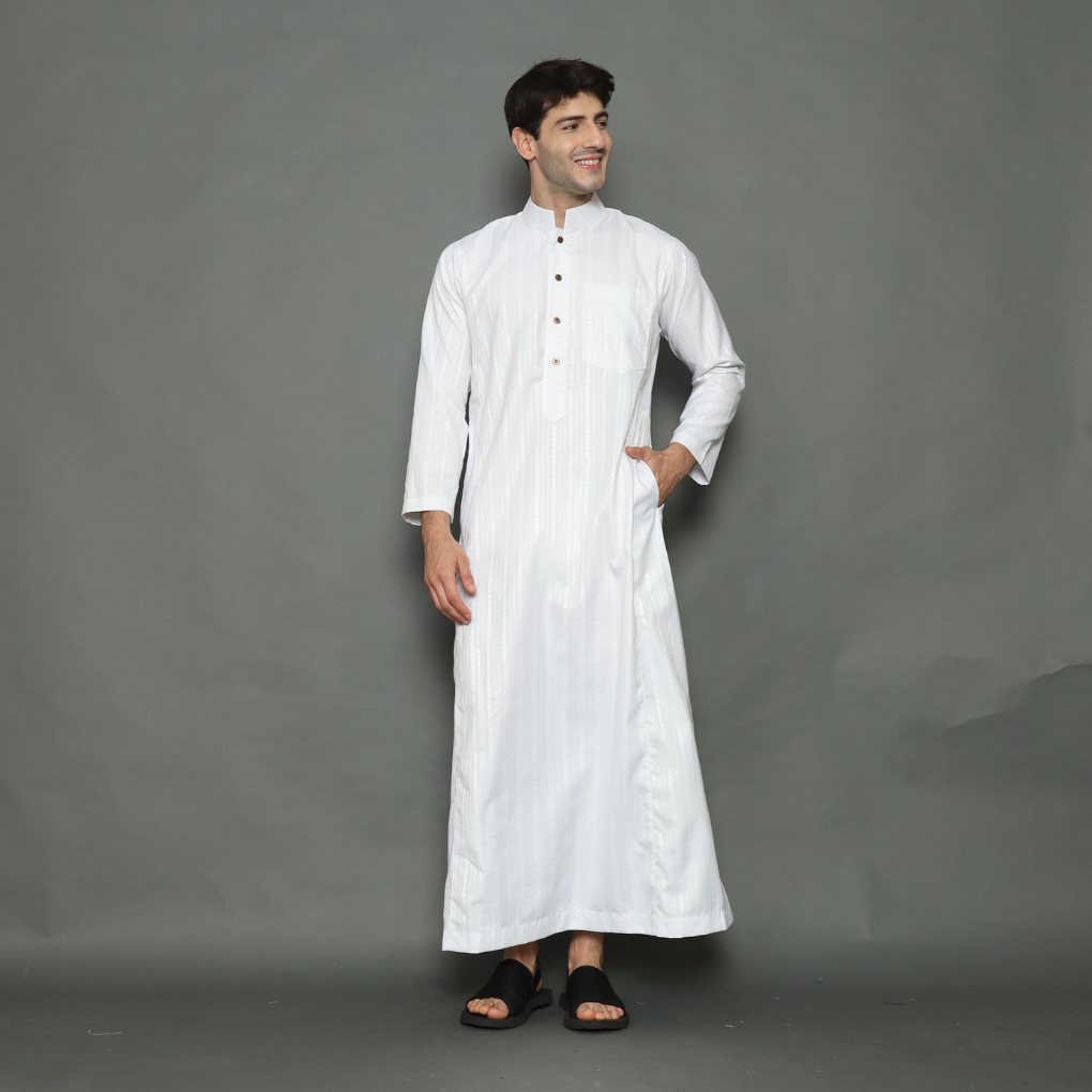 Gamis Pria Arab Jubah Pria Putih Thobe Motif Salur Lengan Panjang