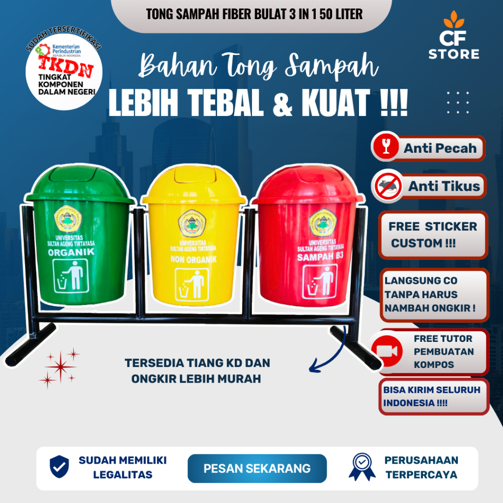 Tong Sampah Fiberglass Bulat 3 Warna, Tempat Sampah 3 Pilah Organnik Anorganik Knockdown