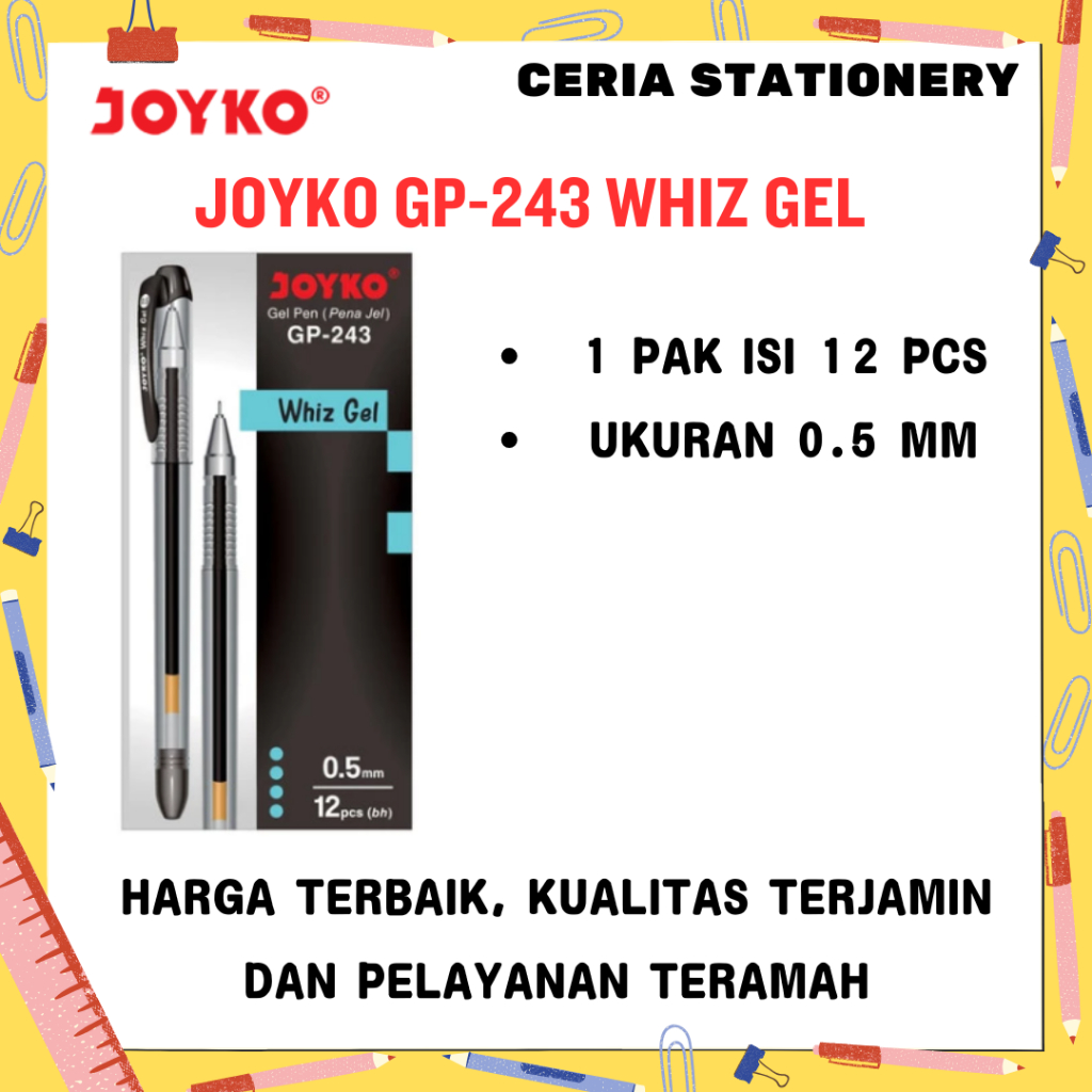 

Pulpen Joyko Whiz Gel GP-243 Hitam Lusinan 12 Pcs / Ball Point Gel 0,5 mm / Bolpen Balpen Pena Gel Kantor