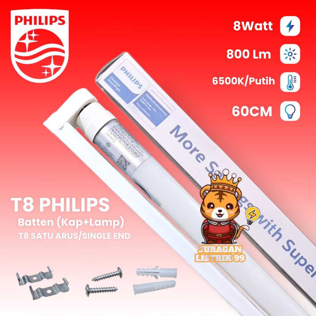 LAMPU TL PHILIPS ECOFIT BATTEN LED 8W 8 WATT PUTIH + RUMAH LAMPU