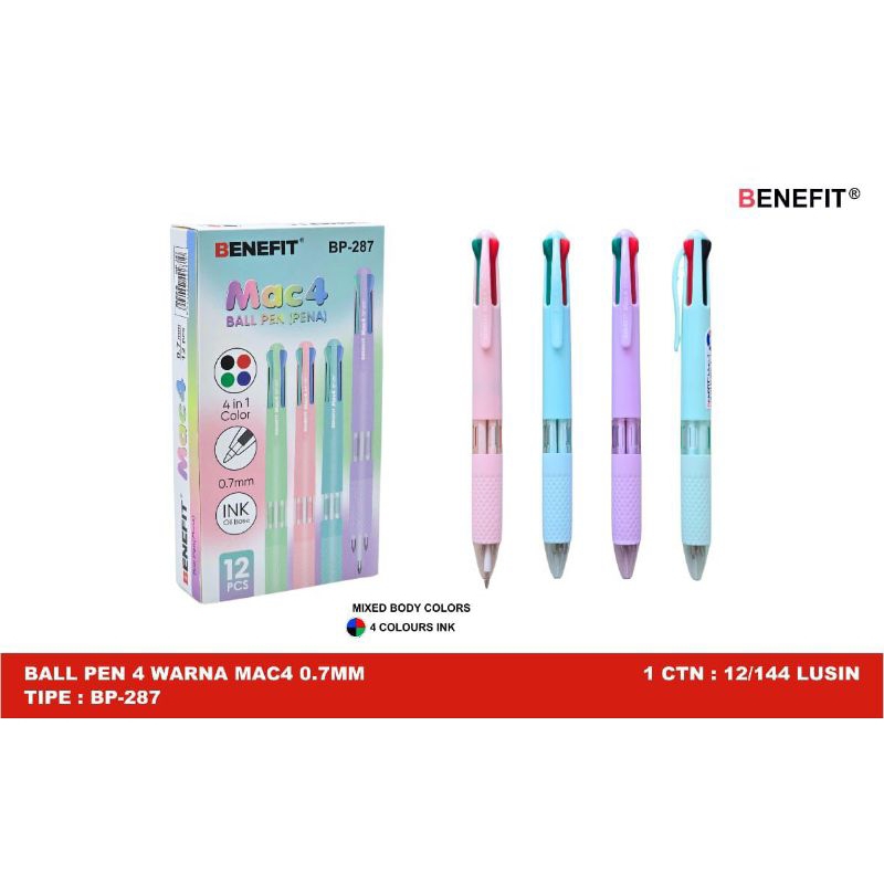 

Pulpen 4 warna Benefit Bp-287 Mac 4 ( 1pak/12pcs )