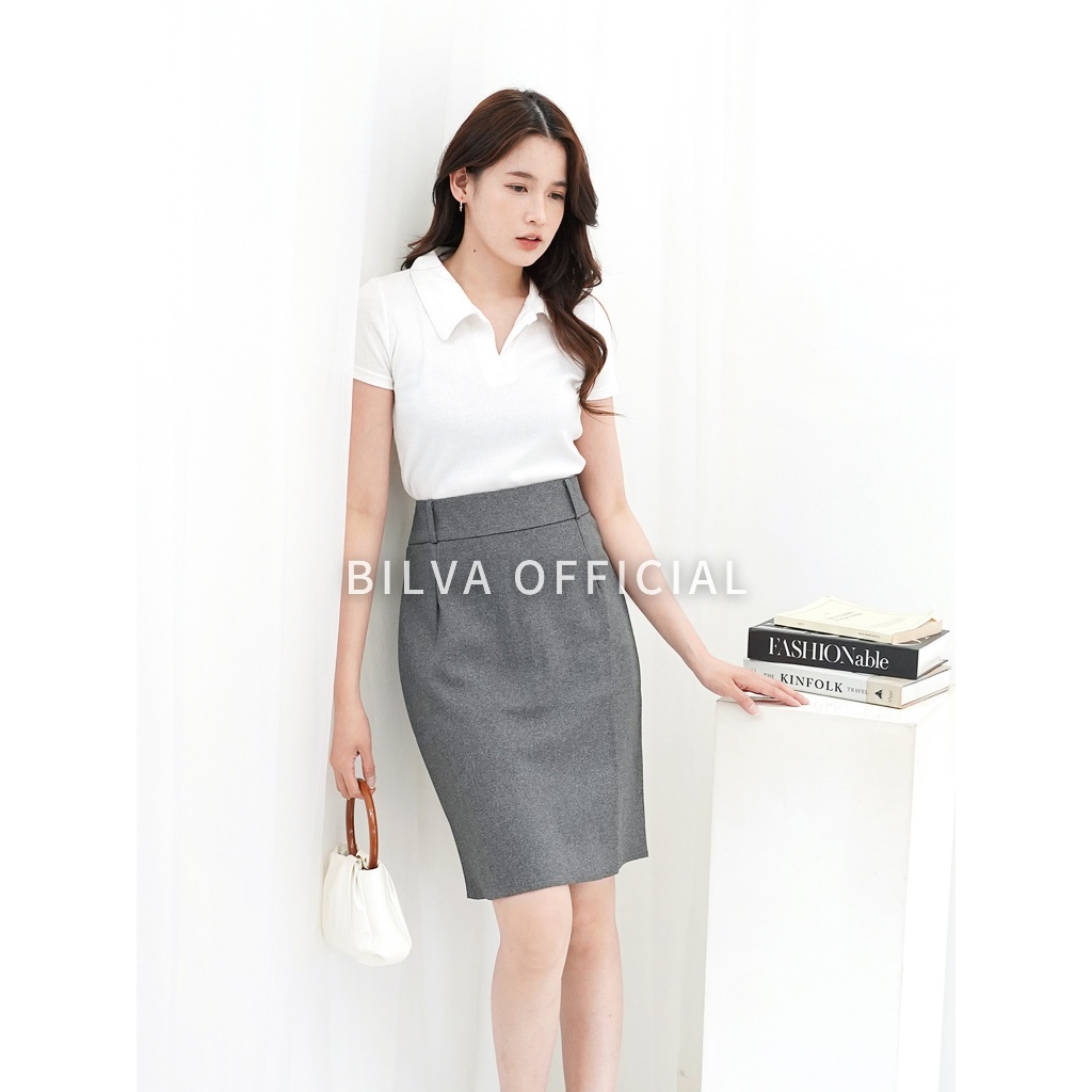Bilva - Rok Kerja Pendek Rok Span Kantor Mini Atas Lutut Belah Belakang