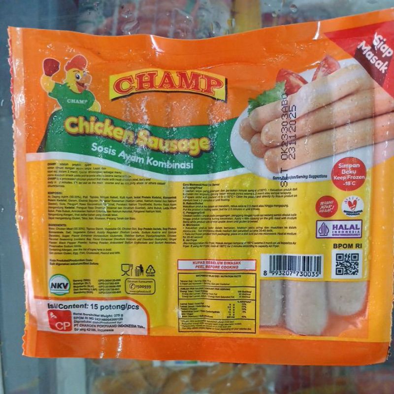 

CHAMP CHICKEN SAUSAGE SOSIS AYAM KOMBINASI 375 GRAM ISI 15 POTONG