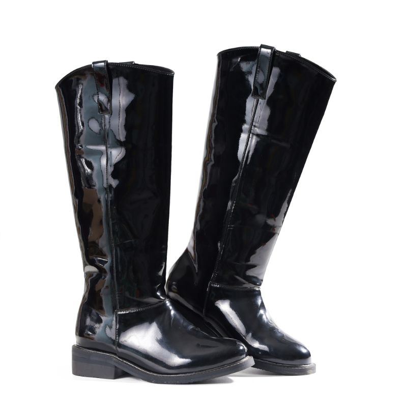 M&T Knee High Boots Wanita Bikers Glossy Black Leather