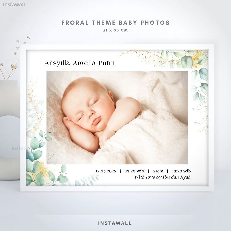 Cetak foto bingkai biodata bayi Kado Biodata kelahiran bayi aesthetic Tema Froral Foto newborn Hiasa