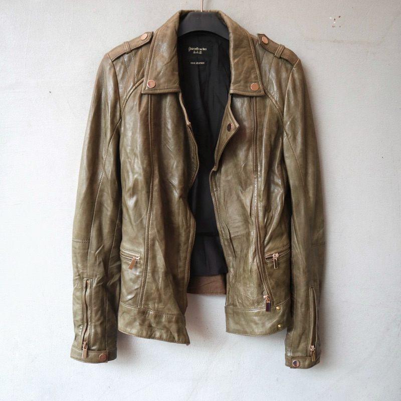 Stradivarius Jaket kulit asli domba ramones cewek jaket motor wanita biker rider leather jacket Pl b
