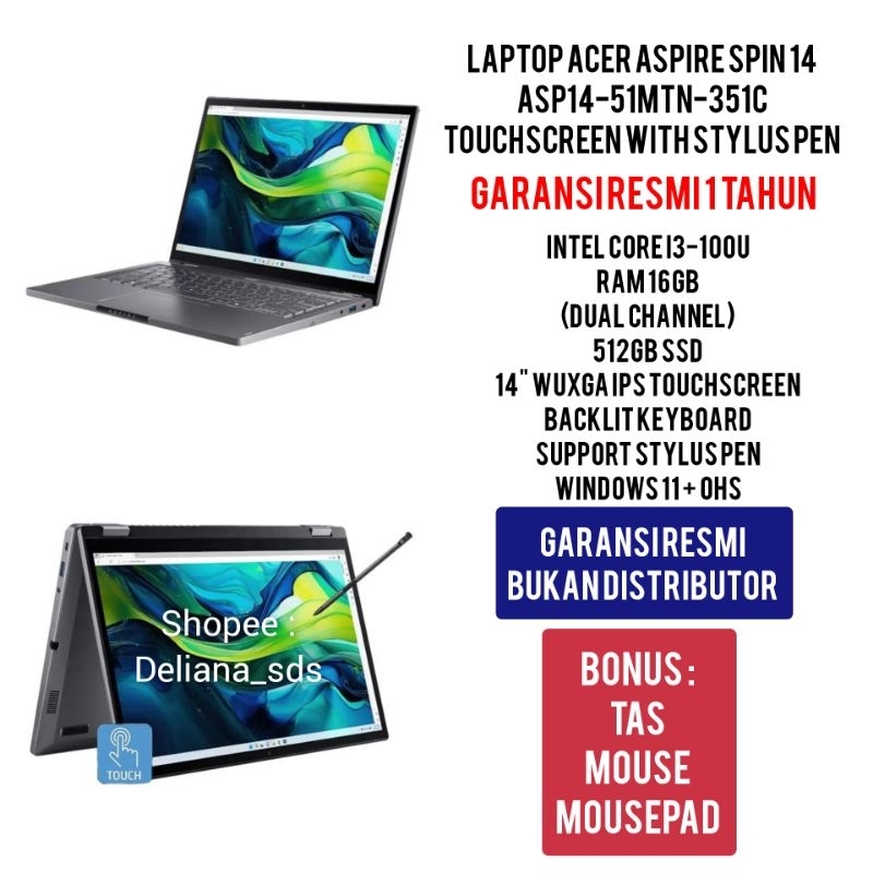 Laptop Acer ASP14 51MTN 351C Touchscreen With Stylus Pen Intel I3 100U 16GB/512GB SSD 14" WUXGA IPS 