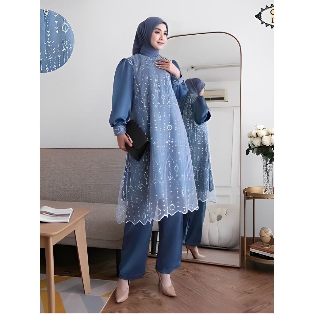 Laura Set Bahan Satin One Set Atasan + Celana Brukat Setelan Busana Kondangan Muslimah Baju Bridesma