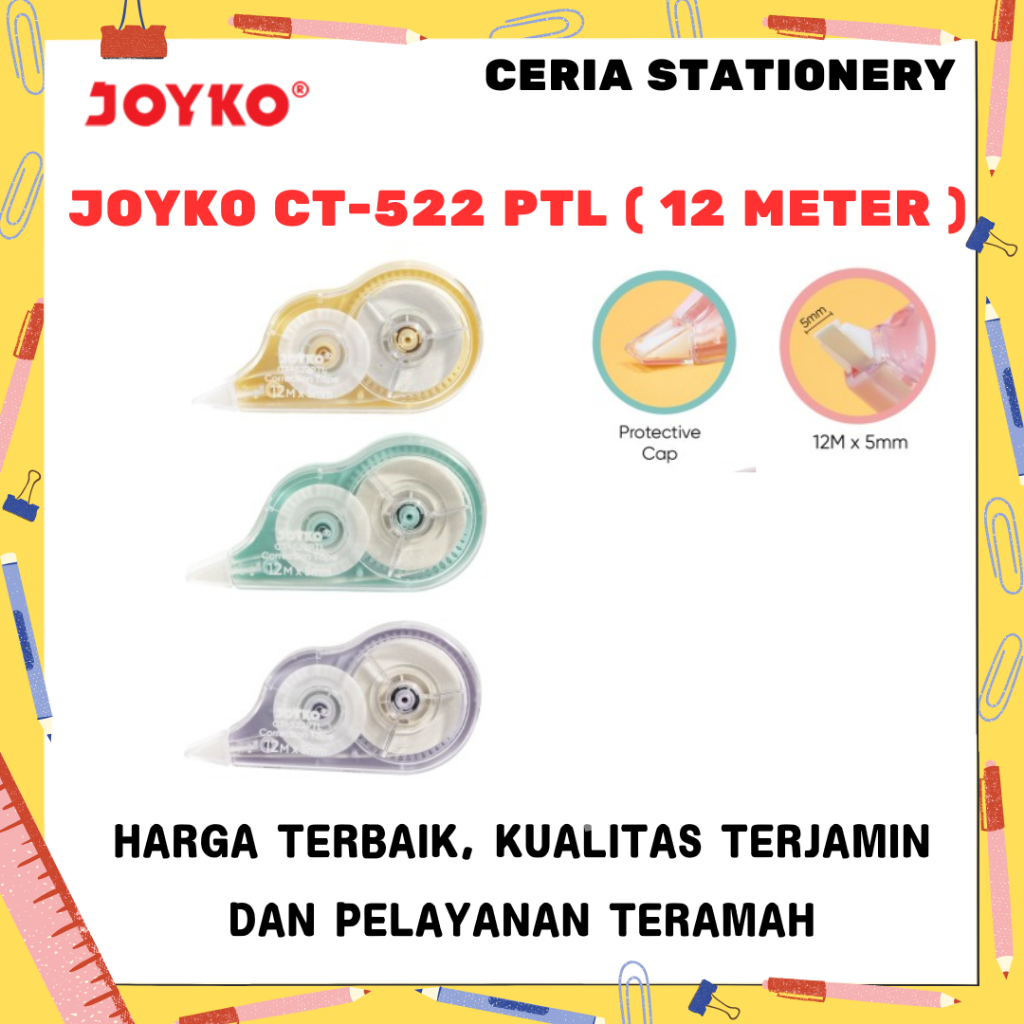 

Correction Tape Joyko CT-522 Pastel 12 Meter Pcs / Tip-Ex Kertas 12 M Joyko / Tip Ex CT 522 PTL