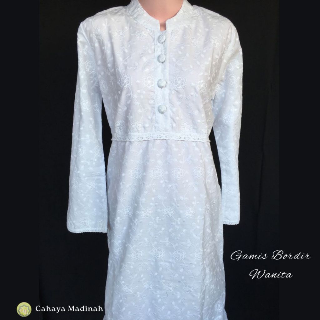 Gamis Putih Muslimah Katun Jepang Motif Bunga Busana Ihrom Dan Haji