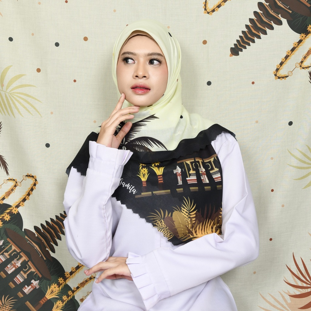 Gamita Scarf Hijab Kerudung Voal Segi Empat Motif Bali Pura Ulun Danu Hitam Kuning