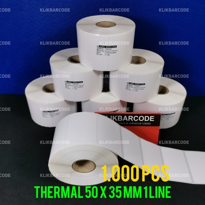 

TERMURAH PREMIUM BARCODE LABEL STICKER THERMAL 50 X 35 MM - 1 BARIS - ISI : 1.000 PCS || LABEL TANPA RIBBON DIRECT THERMAL
