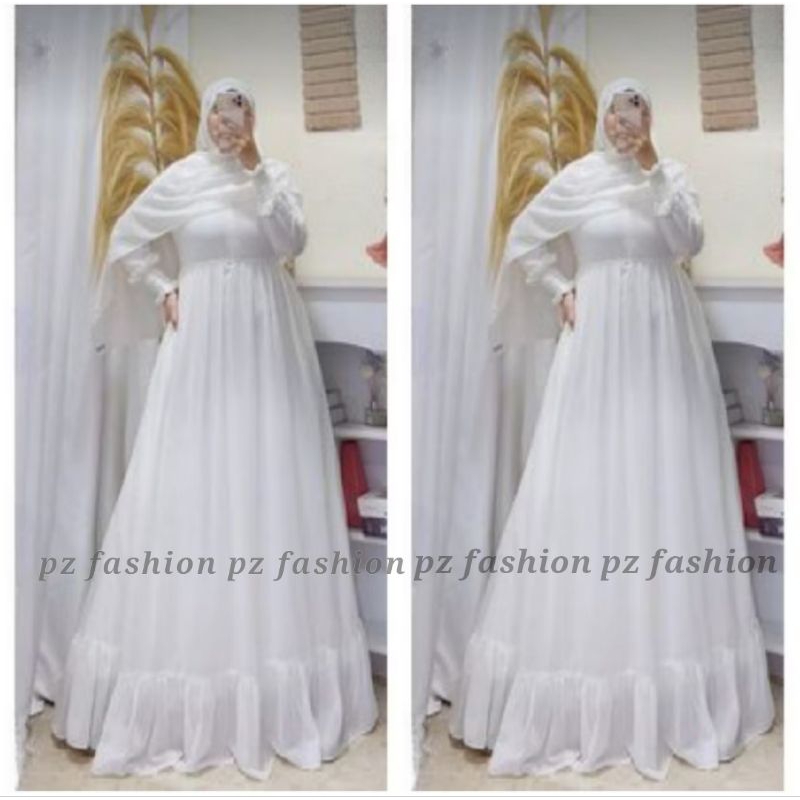 Gamis Lebaran 2026 seruty babydoll putih bersih polos karet lengan smok dress mewah ukuran jumbo