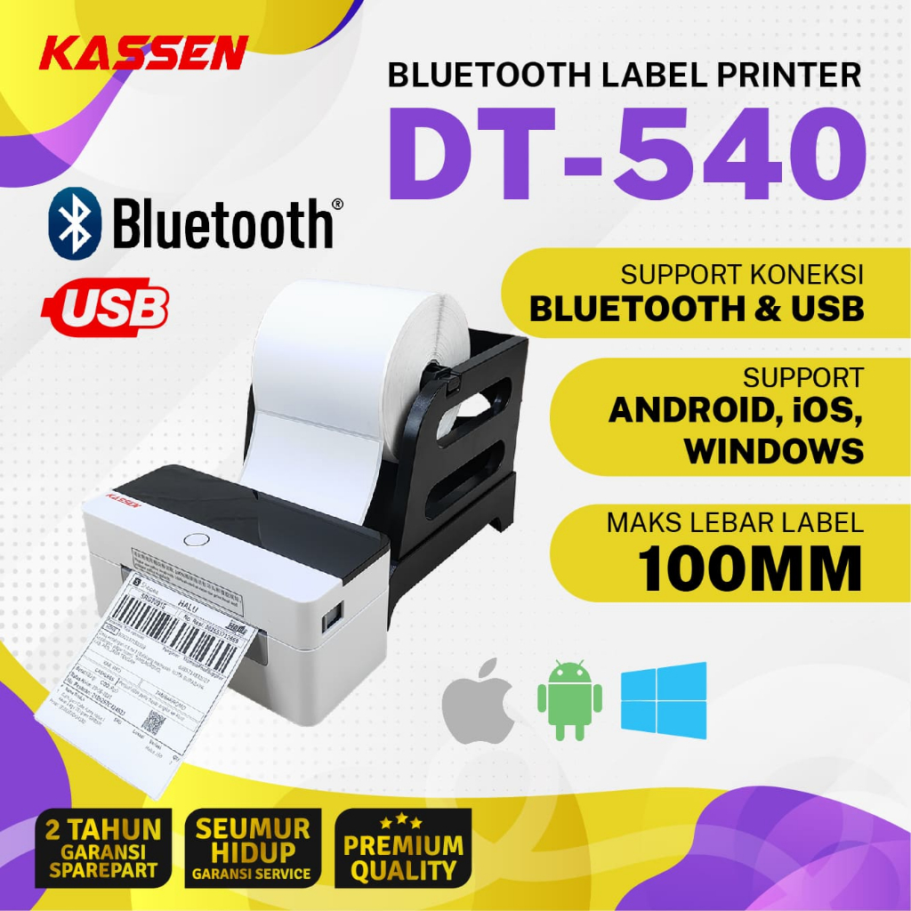 Kassen DT540 Printer Label Thermal Bluetooth 100mm A6 Cetak Stiker Pengiriman Marketplace Shopee A6 